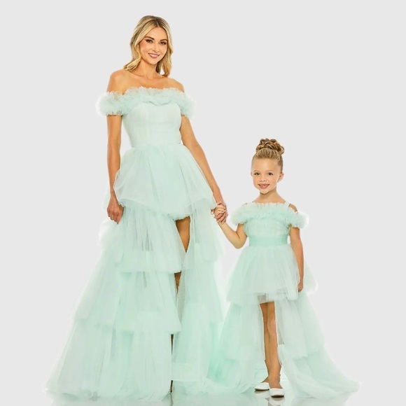 NWT $598 MAC DUGGAL GIRLS RUFFLED TULLE MINT SAGE GOWN DRESS MAXI TRAIN 20586 - Picture 4 of 6